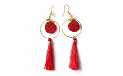 Boucles d'oreilles pompon rouge en sisal et laiton